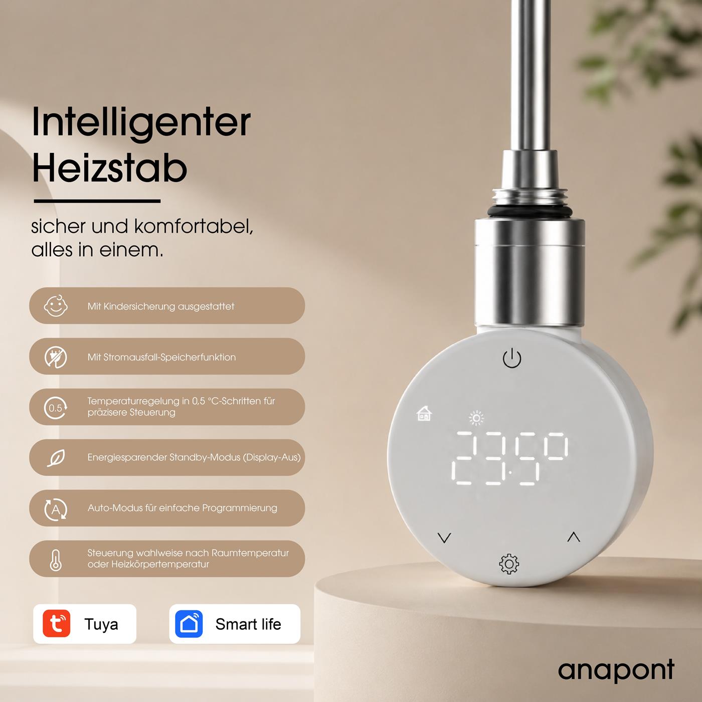 Intelligente ANA-TIME Heizpatrone mit Kindersicherung Speicherfunktion Auto Modus und Smart Life