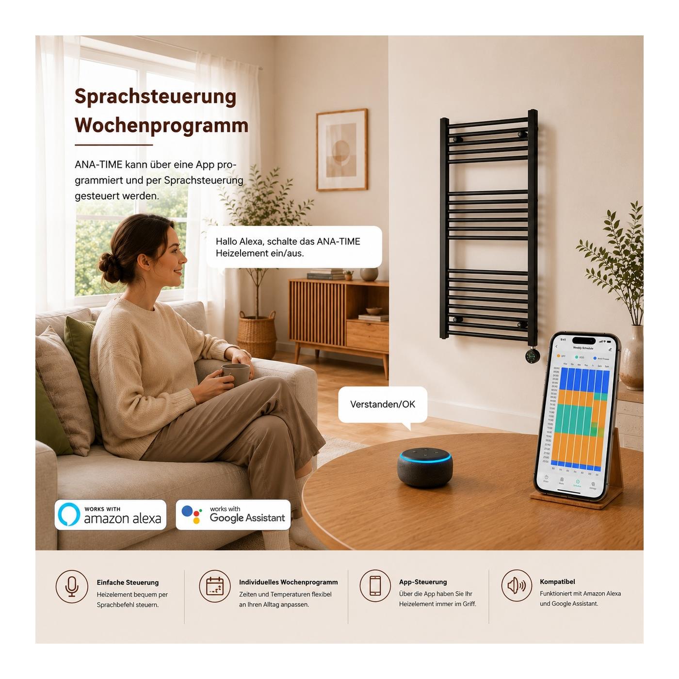 ANA-TIME Sprachsteuerung Wochenprogramm App-Steuerung mit Amazon Alexa und Google Assistant