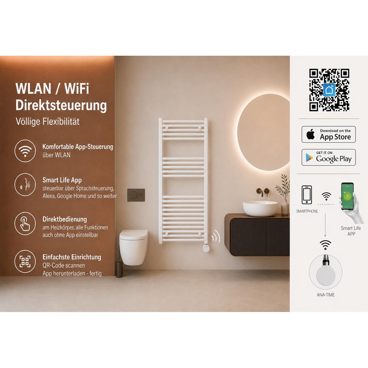 ANA-TIME WLAN WiFi Direktsteuerung über Smart Life App und Bedienung direkt am Heizkörper