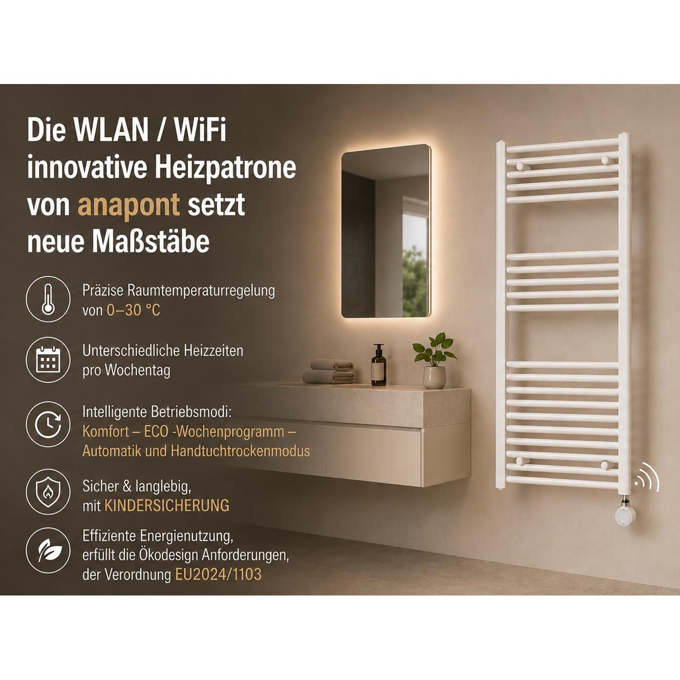 Intelligente anapont ANA-TIME WLAN Heizpatrone mit Temperaturregelung Wochenprogramm und Kindersicherung