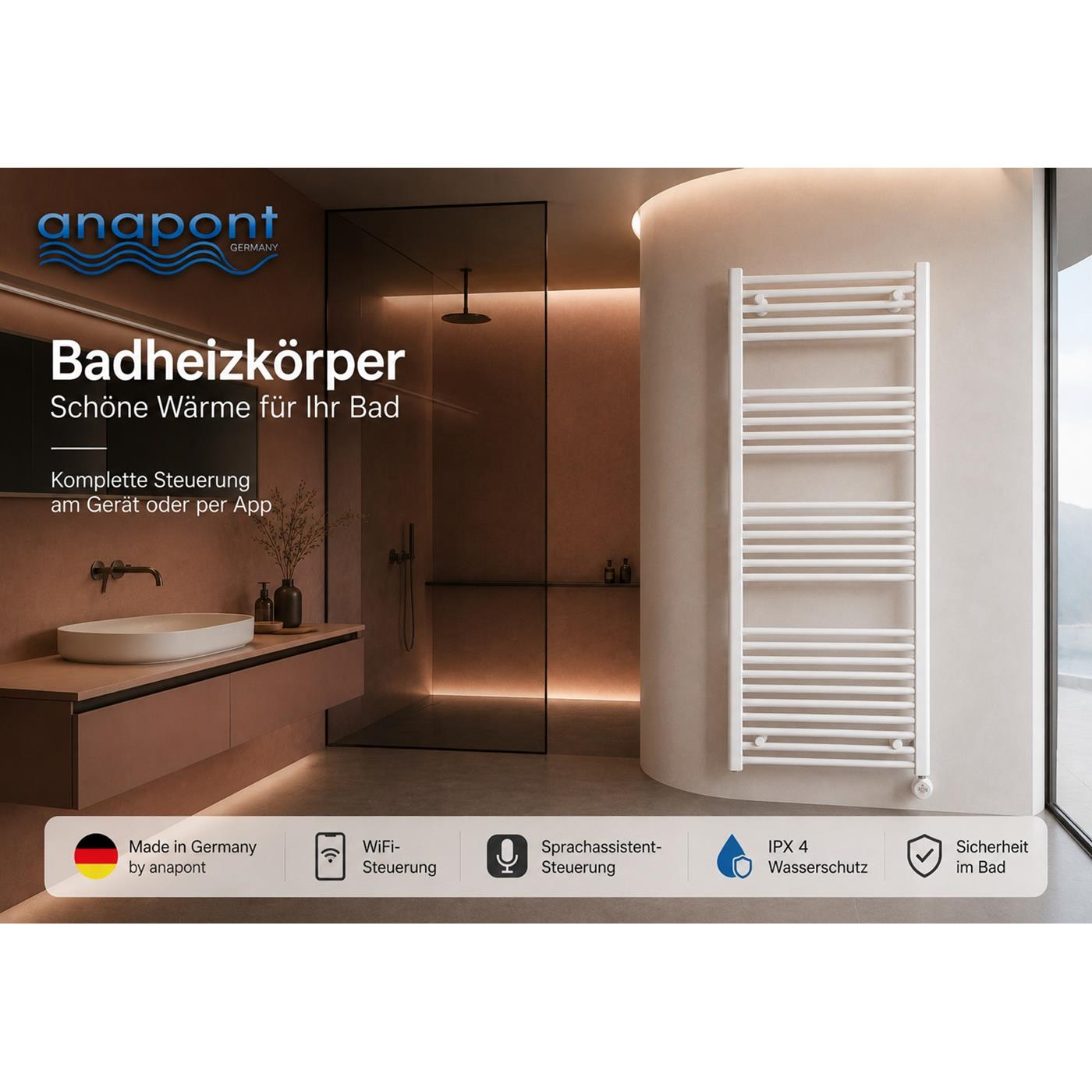 anapont ANA-TIME elektrischer Badheizkörper mit WLAN App-Steuerung im modernen Badezimmer