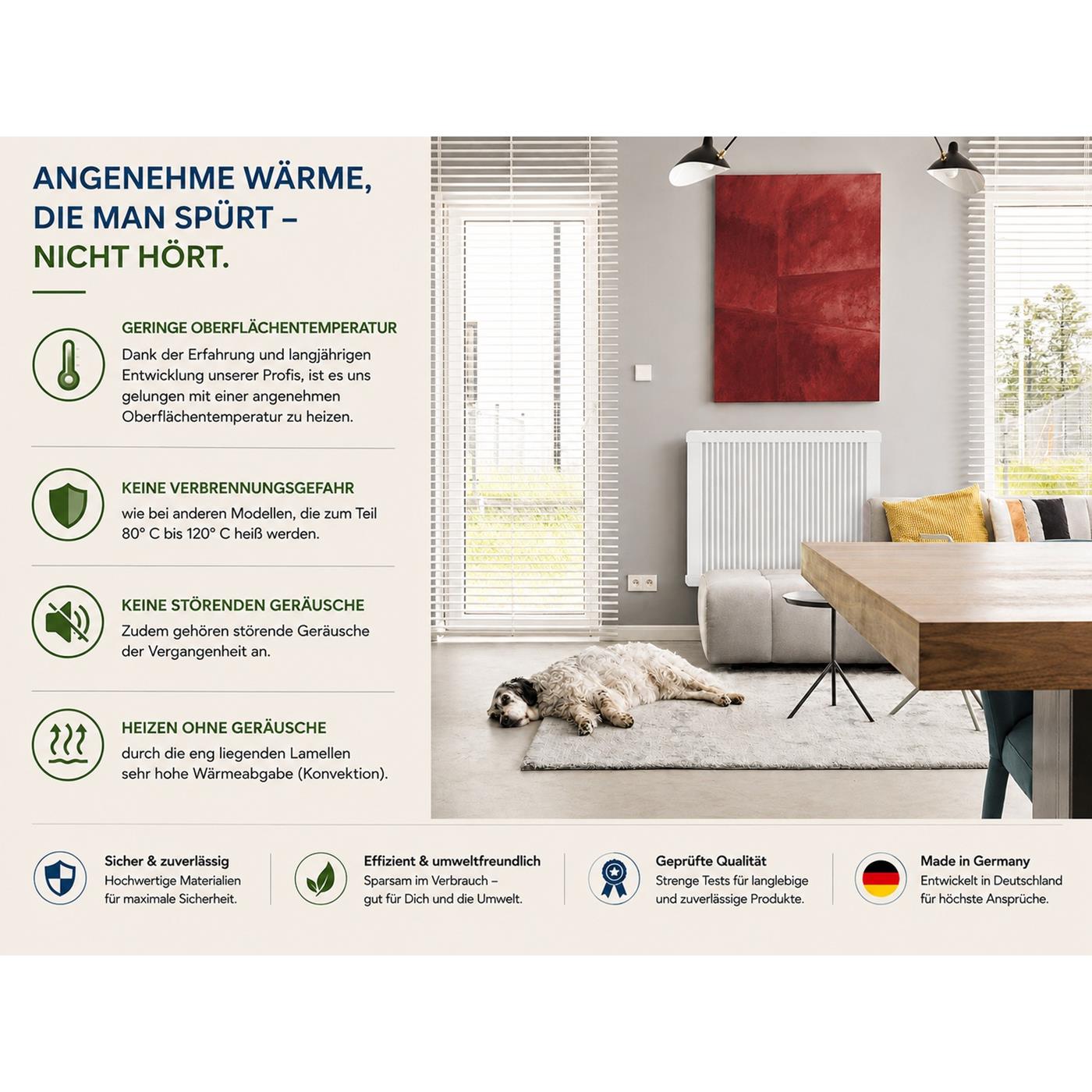 Elektrischer Heizkörper von Anapont mit angenehmer Oberflächentemperatur und leisem Betrieb