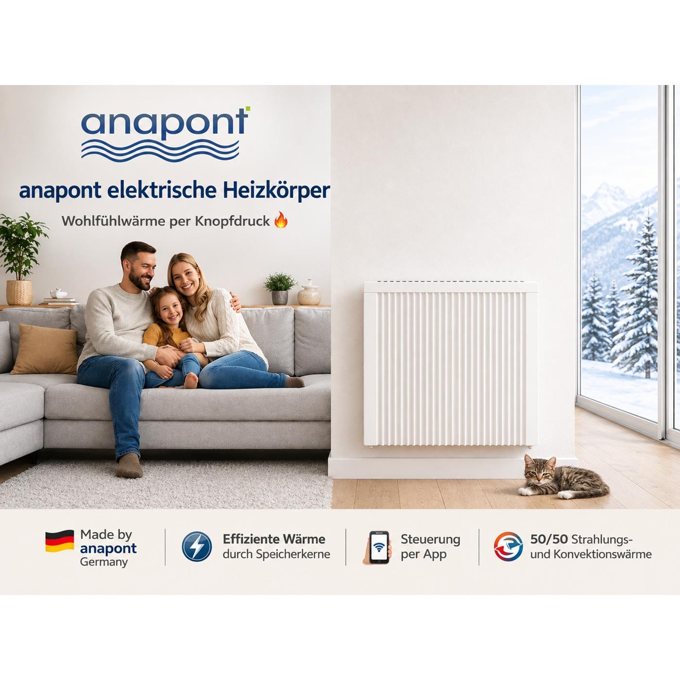 Anapont elektrischer Heizkörper im Familienwohnraum mit App-Steuerung und Speicherwärme