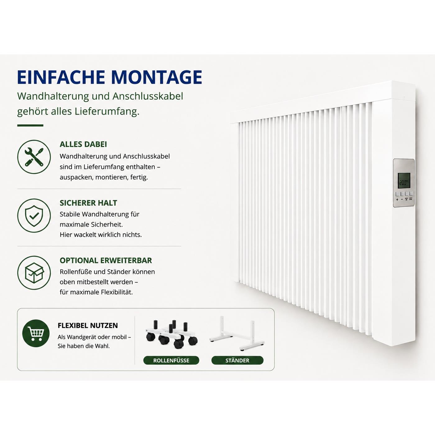Einfache Montage eines elektrischen Anapont Heizkörpers mit Wandhalterung und Anschlusskabel