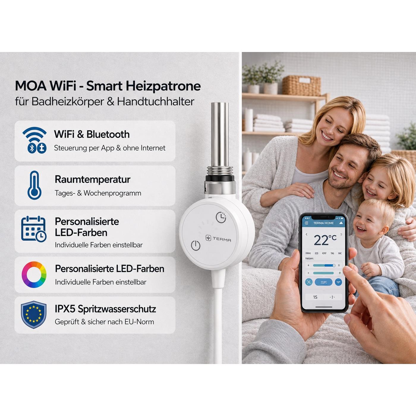 MOA WiFi Smart Heizpatrone für Badheizkörper mit WLAN, Bluetooth, App, Wochenprogramm und IPX5