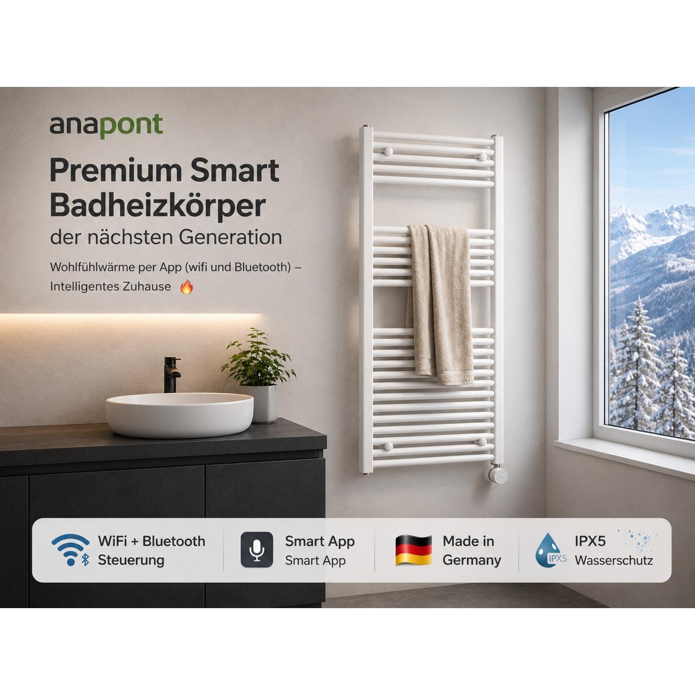 Anapont Premium Smart Badheizkörper mit WLAN und Bluetooth im modernen Badezimmer