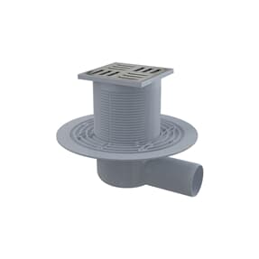 Bodenablauf mit waagrechtem Abgang, Einlaufrost Messing - Chrom 105x105/50 inkl. Edelstahlrost