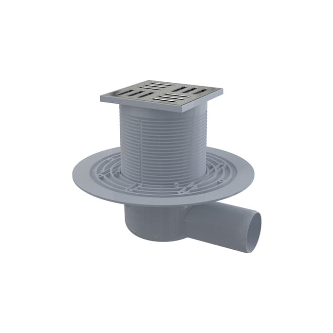 Bodenablauf mit waagrechtem Abgang, Einlaufrost Messing - Chrom 105x105/50 inkl. Edelstahlrost